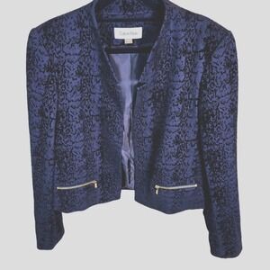 Calvin Klein Size 8 Black Flocked Velvet Snakeskin Cropped Blazer Jacket